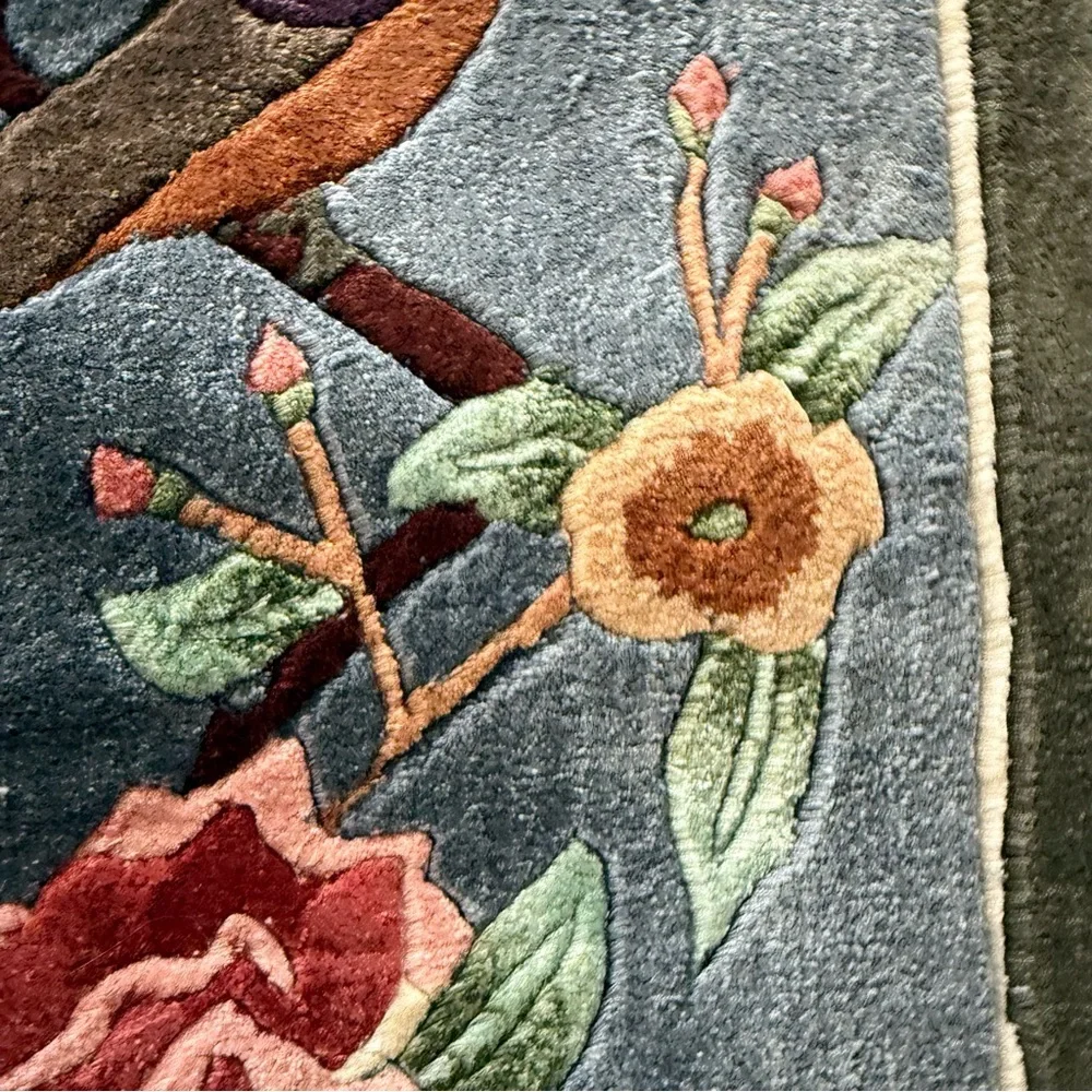 Vintage Hand-Knotted Chinese Silk Bird Flowers Wall Hanging Tapestry Rug 24”X12”